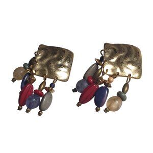 Vintage Brass Clip On Earrings Multicolor Beads Dangling Gold Tone Square Retro